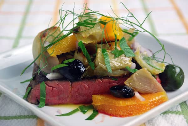 Sous vide tri tip roasted fennel olive salad
