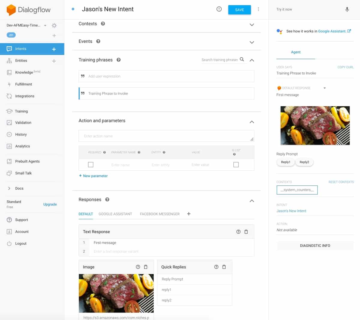 Dialogflow intent created via api example