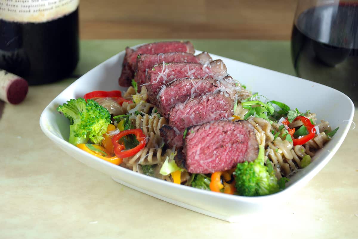 Sous vide bison strip steak carbonara