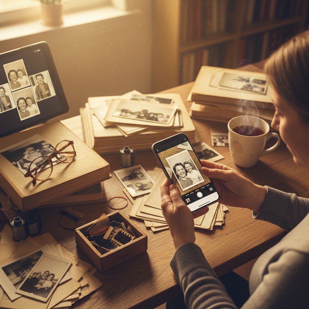 Living a Digital Life While Old Photos Sit in Boxes illustration