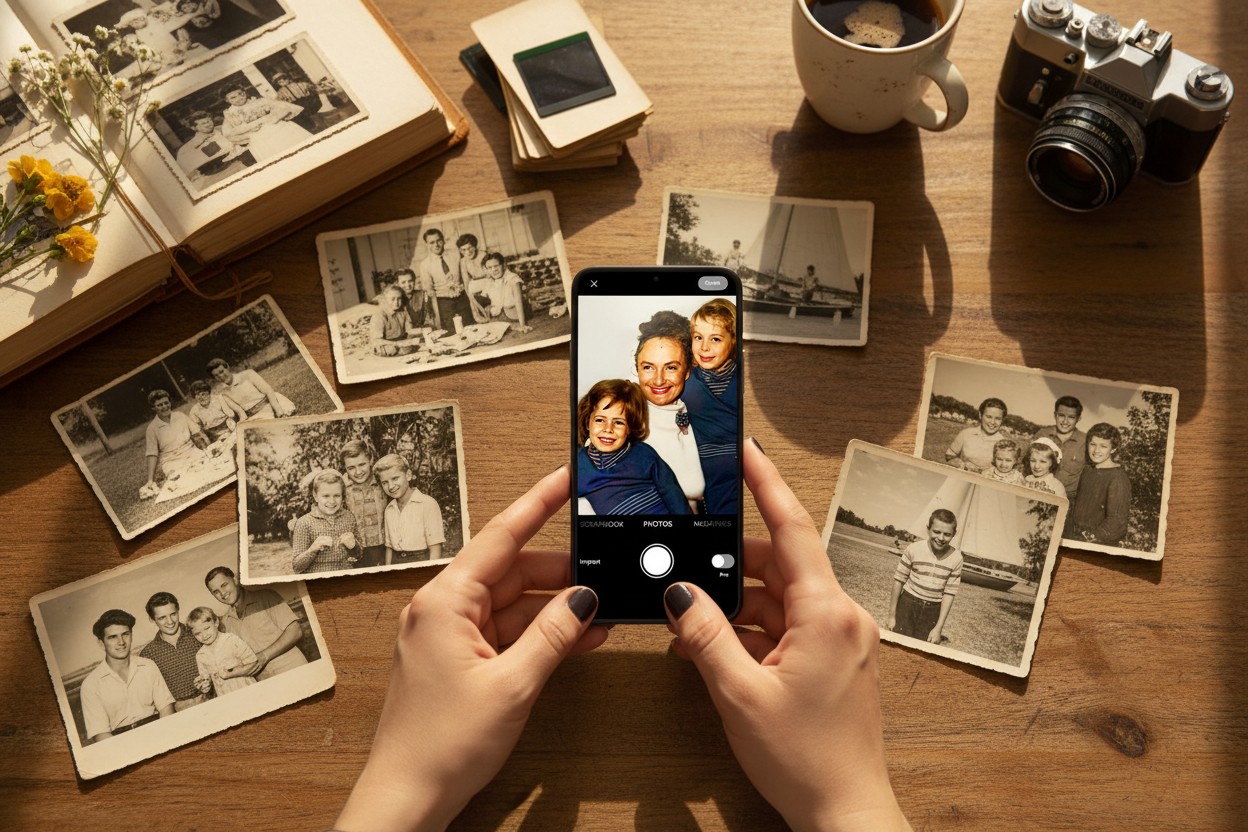 Looking Through Old Photos Feels Different Than Scrolling a Phone illustration