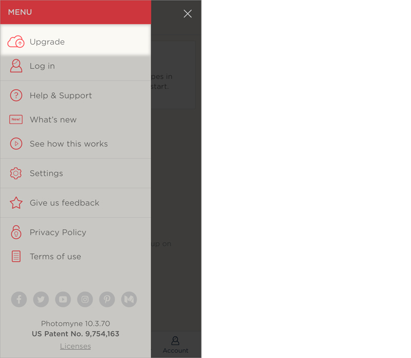 Quickly join Photomyne by tapping the Upgrade link in the side-menu