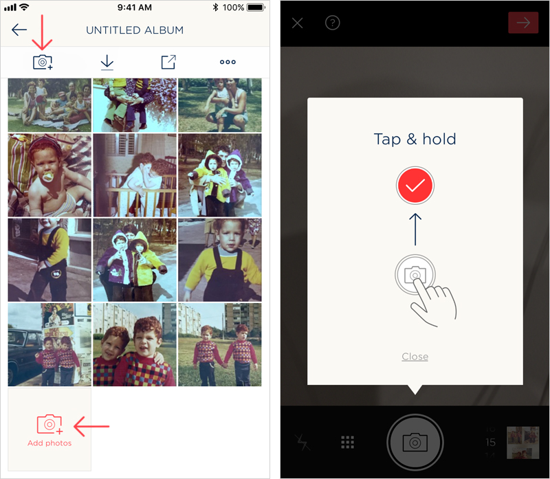 Left: tap the camera icon at the top of the album, or the Add photos icon on the bottom of the album. Right: the scanning screen