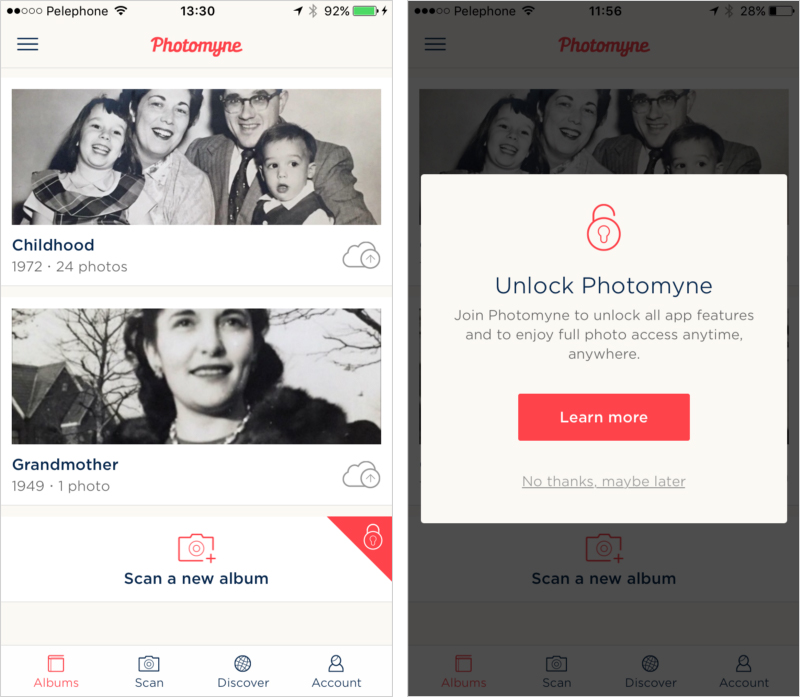 On the left: Scan a new album is locked. On the right: A pop-up notice for unlocking the app.