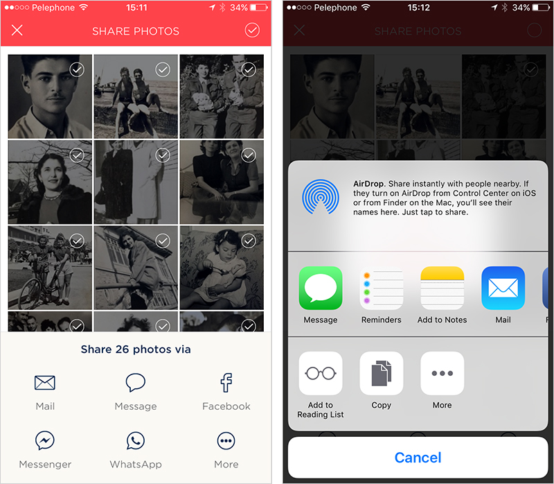 Photo sharing on Photomyne: choose the sharing method or channel you'd like to share with