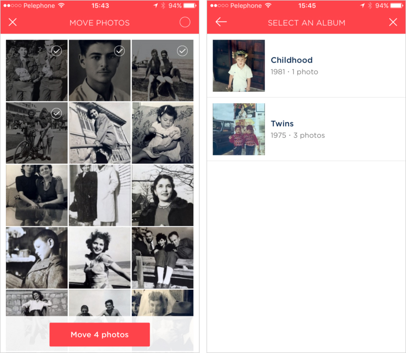 Select the photos you would like to move. Then tap the Move photos button. Right: select the album you would like to move the photos to.