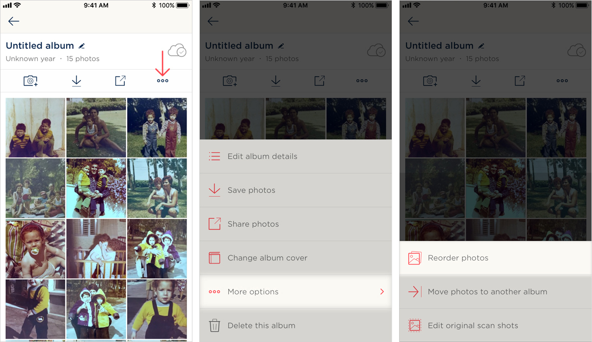 Tap the 3 dot options menu, then More options, and Reorder photos.