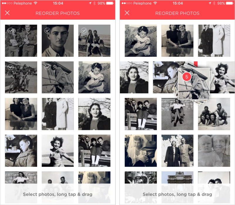 Left: Tap to select the photos you would like to move. Right: Long-tap one of them and drag the grouped bundle of photos to the desired location, and then drop.