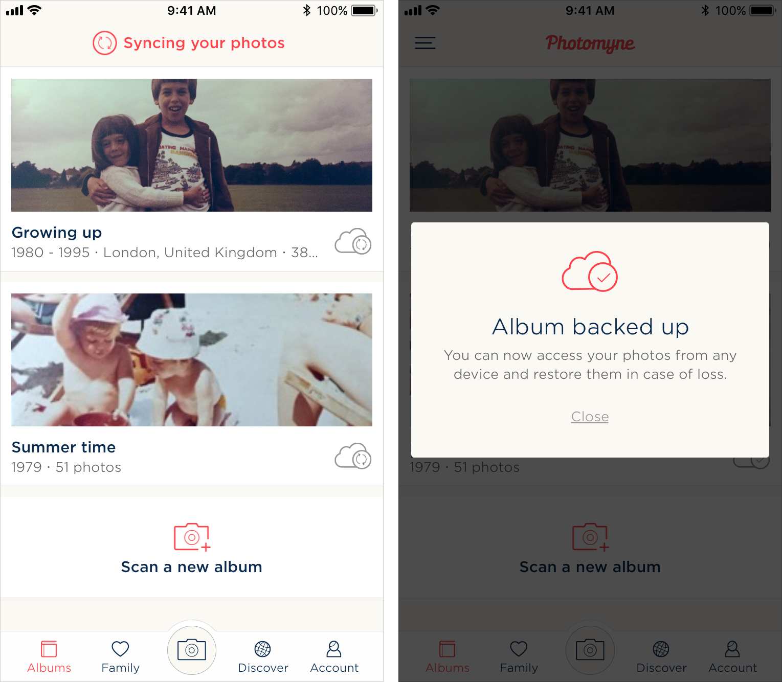 What it looks like while the app is backing up your photos. Please keep the app open until backup is complete.