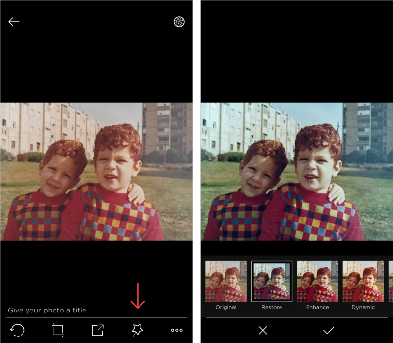 Left: tap the magic wand icon. Right: play with the filters to see which one works best on your photo. When you are ready, click the check sign icon to apply and save.