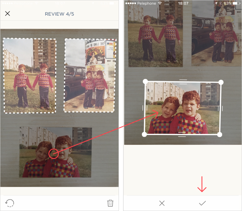 左: 認識されなかった写真をタップして追加します。右:チェックマークアイコンをクリックして他の写真とともにアルバムに保存します。