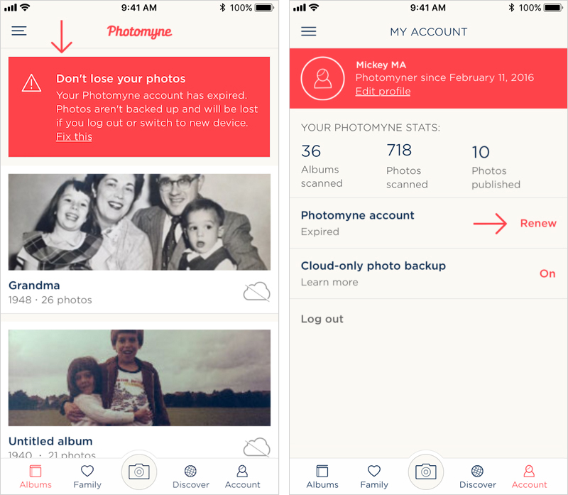 Renew your Photomyne account subscription either by tapping the alert message, or by tapping the Renew link in your Profile tab