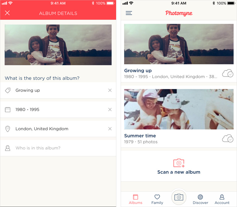 Photo Scanner by Photomyne makes it possible to add a date range to your albums