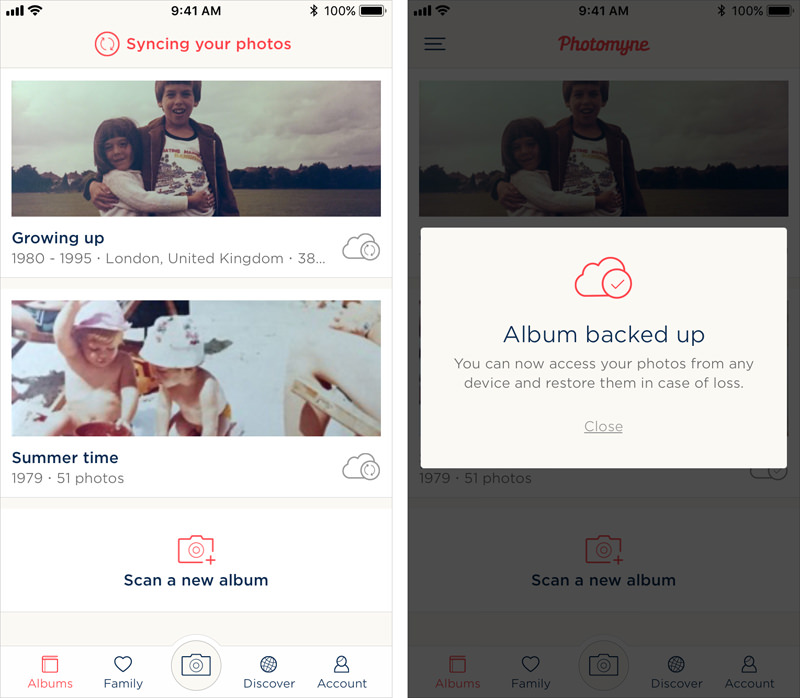 Joining Photomyne means all your photos are backed up and makes it possible to access them on photomyne.com by logging in with your username and password.