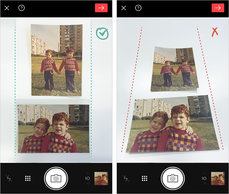 The right way to do it: the camera is held right above the photos, in parallel with the table/surface. The wrong way to do it: the camera is held at an angle, causing photo distortions.