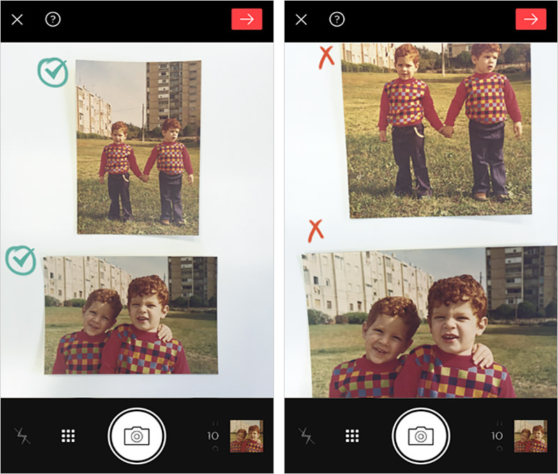 Making sure all four corners of each photo are included in the scanning screen.