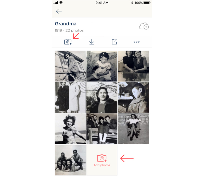 Tap the Camera icon right underneath the album title. You can also scroll down to the last photo and tap the Add photos icon.