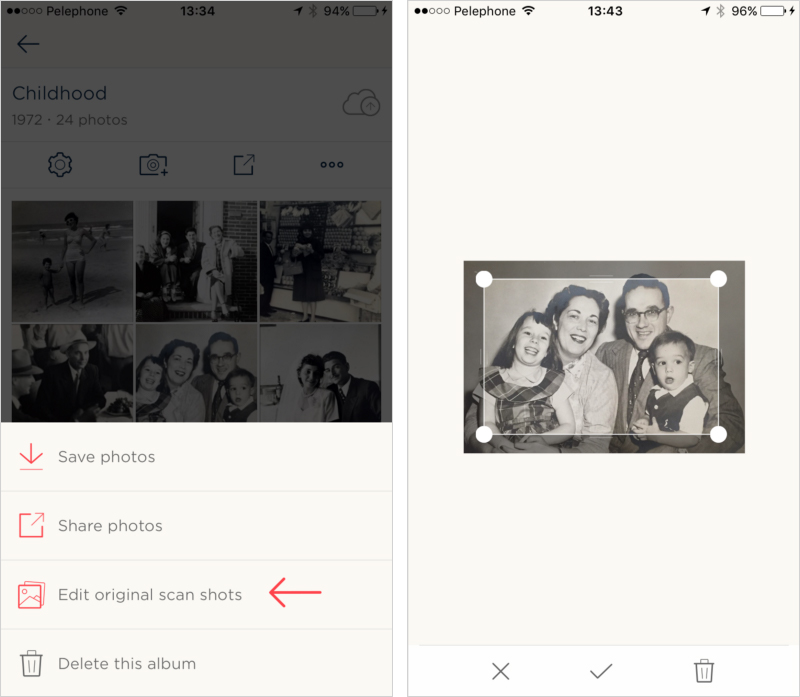 On the left: tap Edit original scan shots. On the right: review your scanned shots