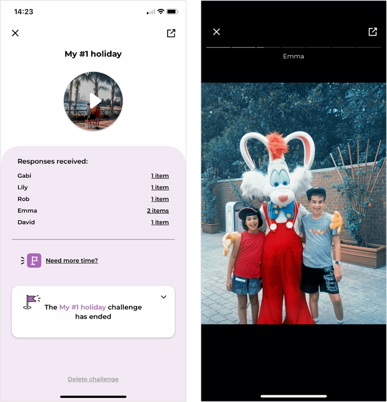 Right: How a finished challenge appears from within the app. Left: viewing your story
