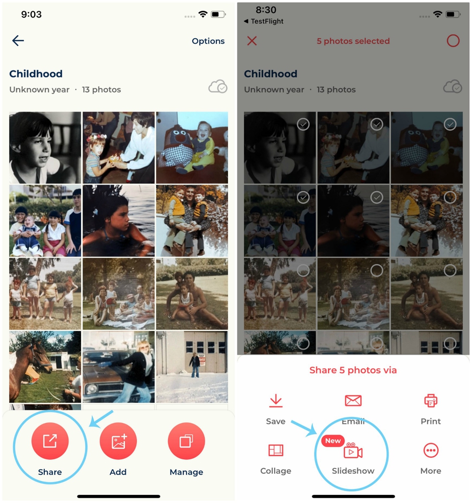 Create slideshows by tapping 'Share', selecting your photos, and hitting 'Slideshow'