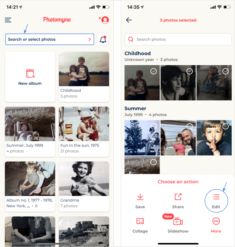 After tapping 'Search or select photos', you can perform batch actions, including editing the details of multiple photos at once.