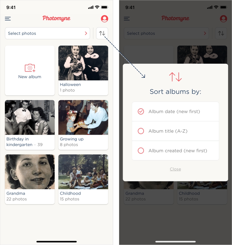 Photomyne subscribers will have these options available for album sorting.