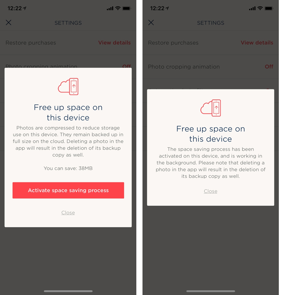 Tapping the space-saving link in Settings shows you what will happen once you turn it on. Right: after activating the space-saving process