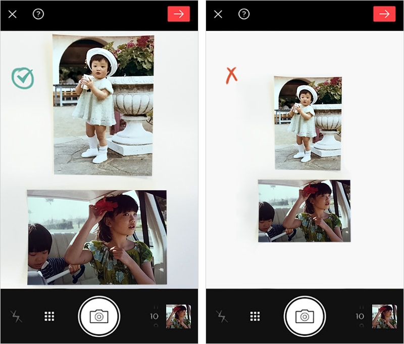 (正しい)写真がスキャン画面一杯に収まっています。(間違い)写真がスキャン画面内に小さく収まり、余白が広すぎます。