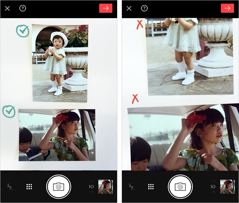 スキャン画面に写真の全ての四つ角が入っていることを確認します。