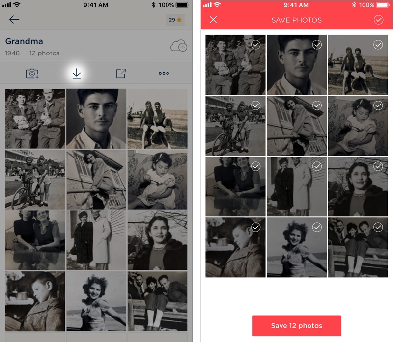 Tap the download icon to open the photo selection screen.