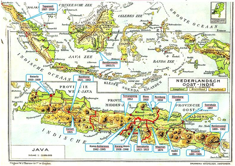 Map of where his mother's family lived and worked in the Dutch East Indies (present-day Indonesia).