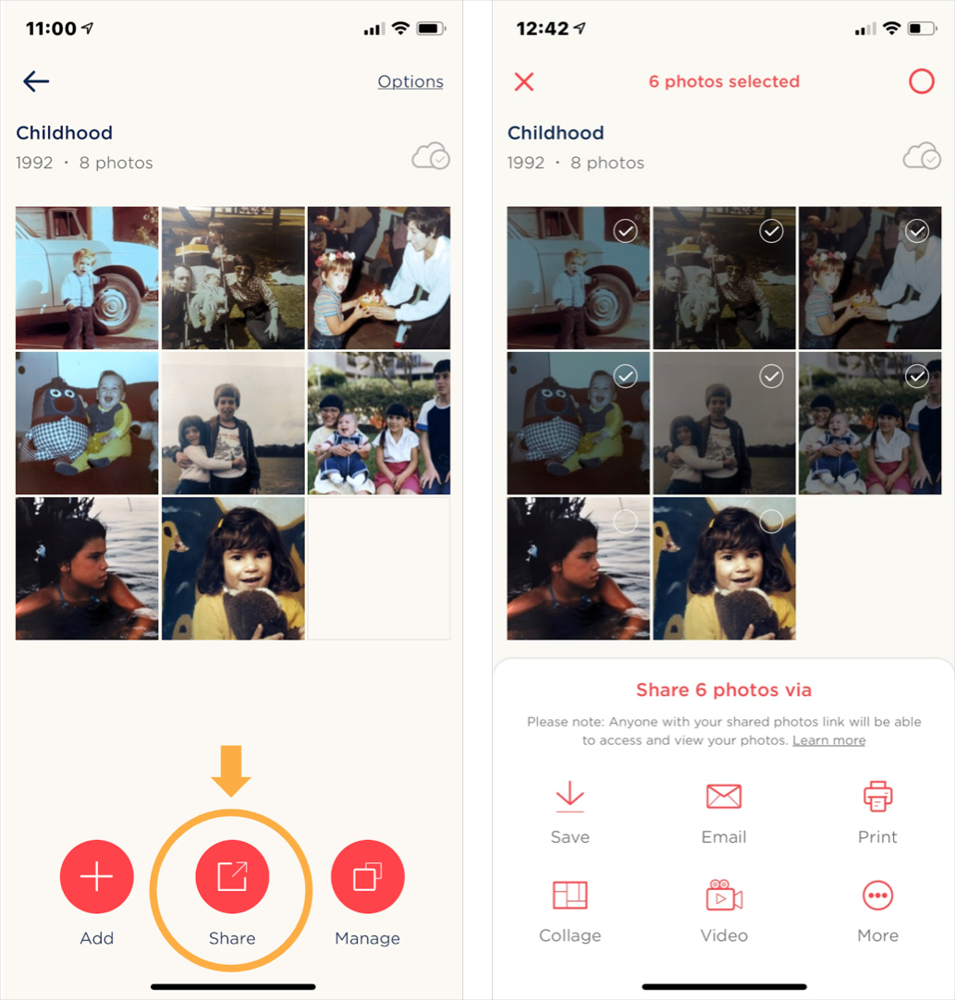 Left: Tap the share button. Right: selecting images