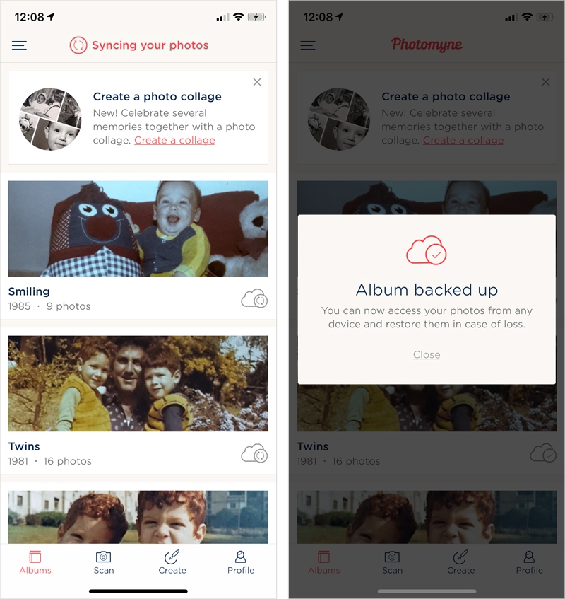 Joining Photomyne means all your photos are backed up and makes it possible to access them on photomyne.com by logging in with your username and password.