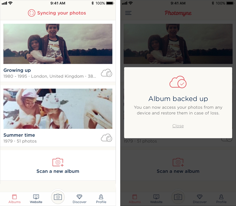 Joining Photomyne means all your photos are backed up and makes it possible to access them on photomyne.com by logging in with your username and password.