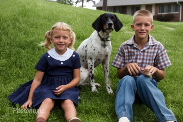 This is a picture of me, Lindy, my big brother, Ricky, and our first dog Pixie. 1956