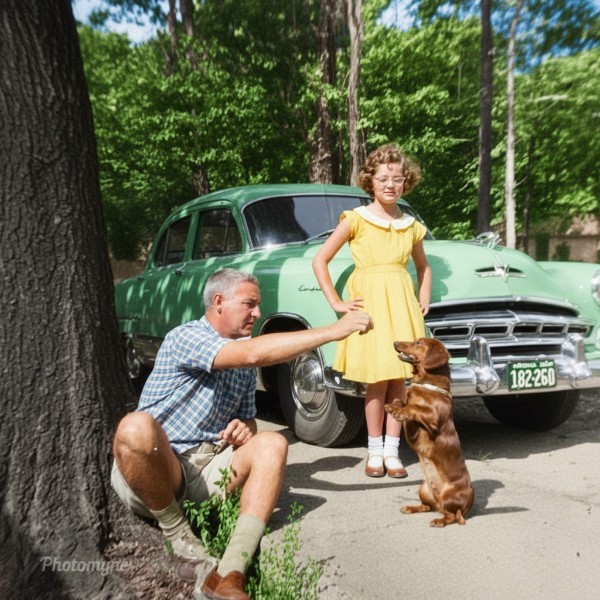 Dad, Barbara and Prissy at Mommo. 1953