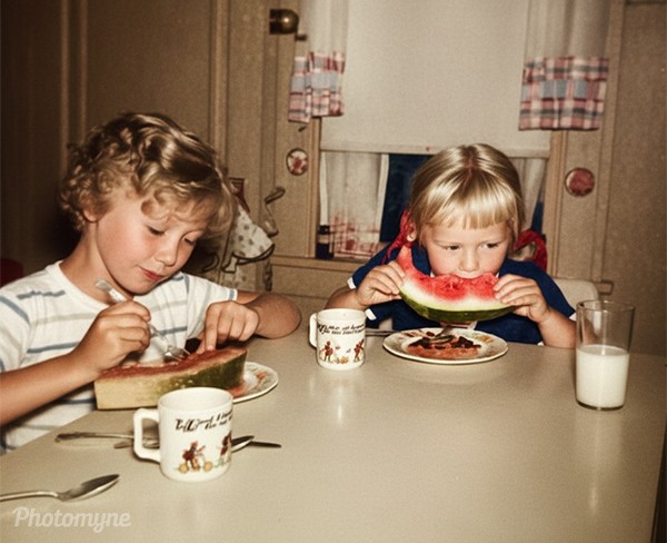 Judy and Sally eating Watermelon. 1954