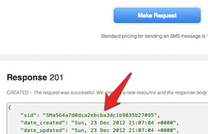 The location of the SMS Message "SID" in the API Explorer response
