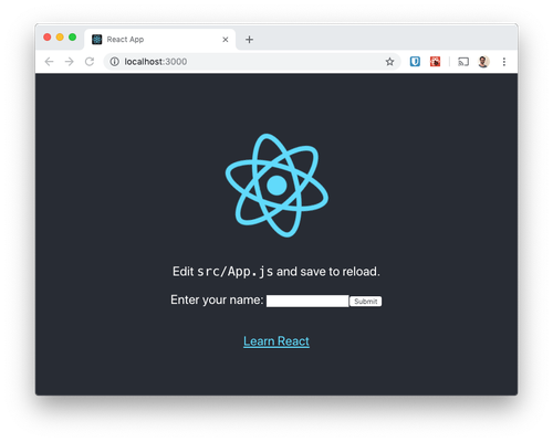 The initial page shows the React logo and a form