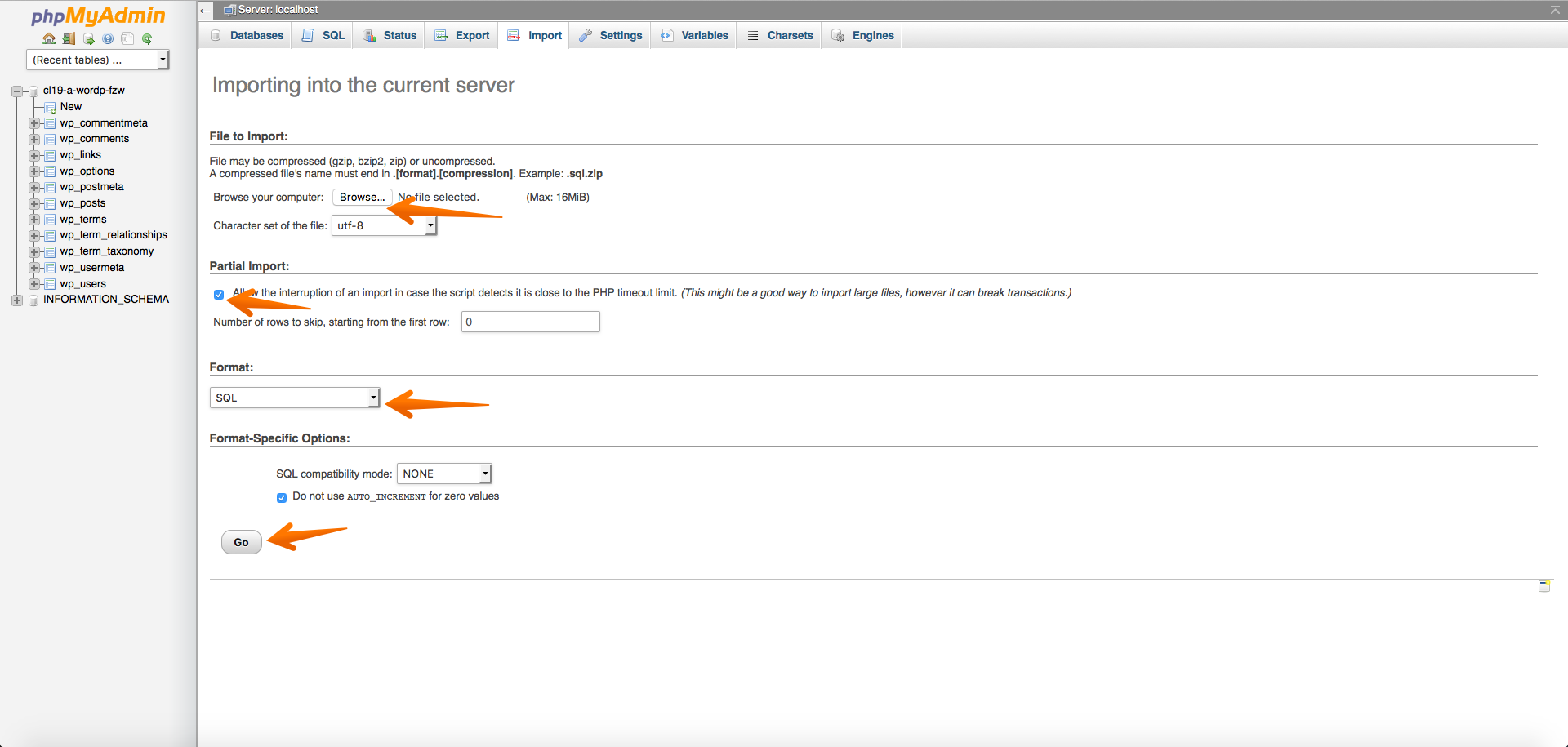 phpMyAdmin Import
