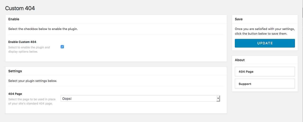 Custom 404 main settings