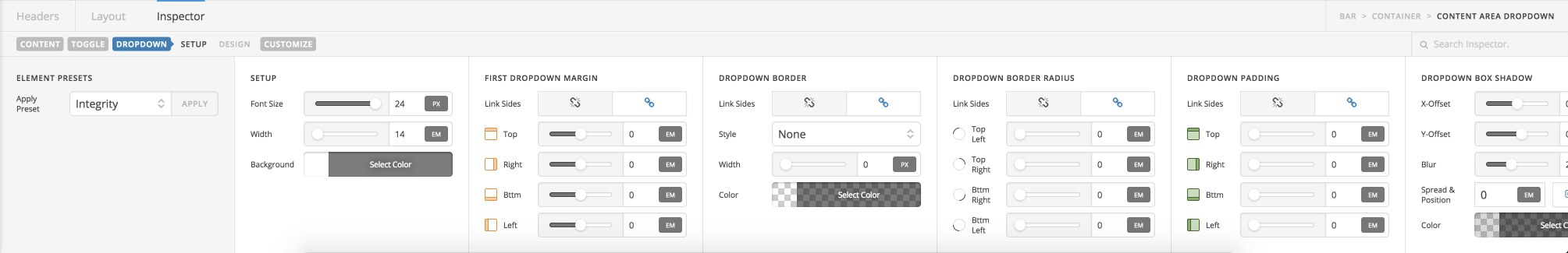 Dropdown Controls for Content Area