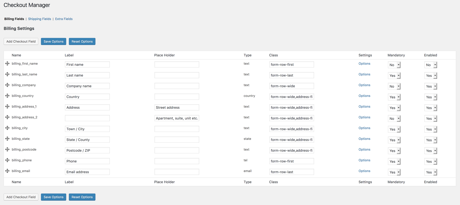 WooCommerce Checkout Manager main screen