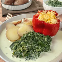 Peppers oergetten mei jirpels oan 'e oven en creamed spinaazje