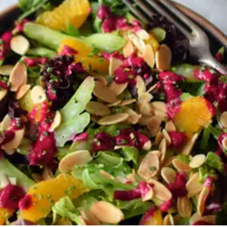 Salade greens, selderij en oranje mei yochert dressing en byt "thermomix"