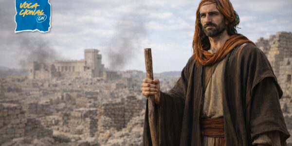Imagem gerada por IA do profeta Jeremias olhando a cidade de Jerusalém destruída.