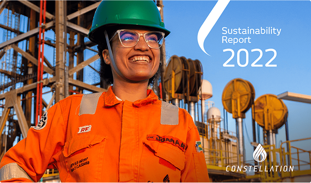 Image of Constellation's 2022 sustainability report, with a female worker smiling in an industrial environment at sunset