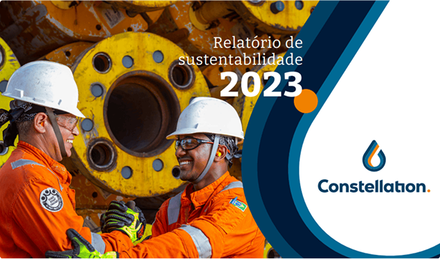 Image of Constellation's 2023 sustainability report, showing two workers smiling and greeting each other in an industrial environment.