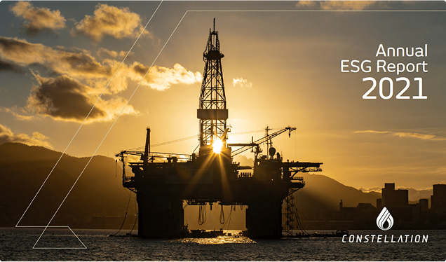 Image of Constellation's 2021 annual ESG report, showing an oil platform with a sunset in the background.
