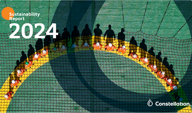 Image of Constellation's 2024 sustainability report, with workers in safety uniforms in a circular formation on a net